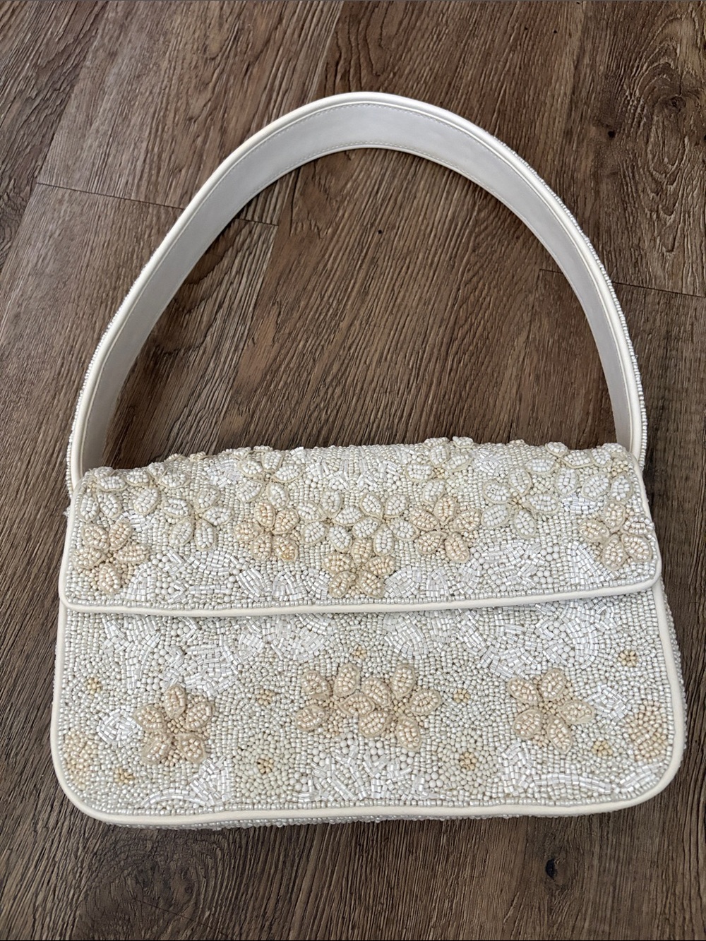 Staud Ivory Beaded Floral Shoulder Bag